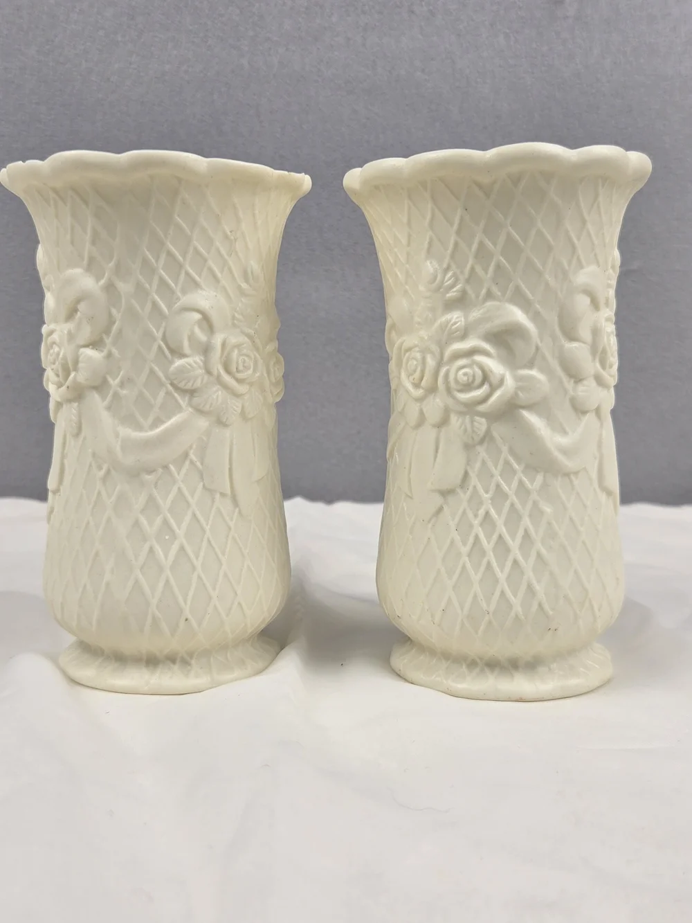 Pair of Vintage Porcelain Bisque Rose & Lattice Vases